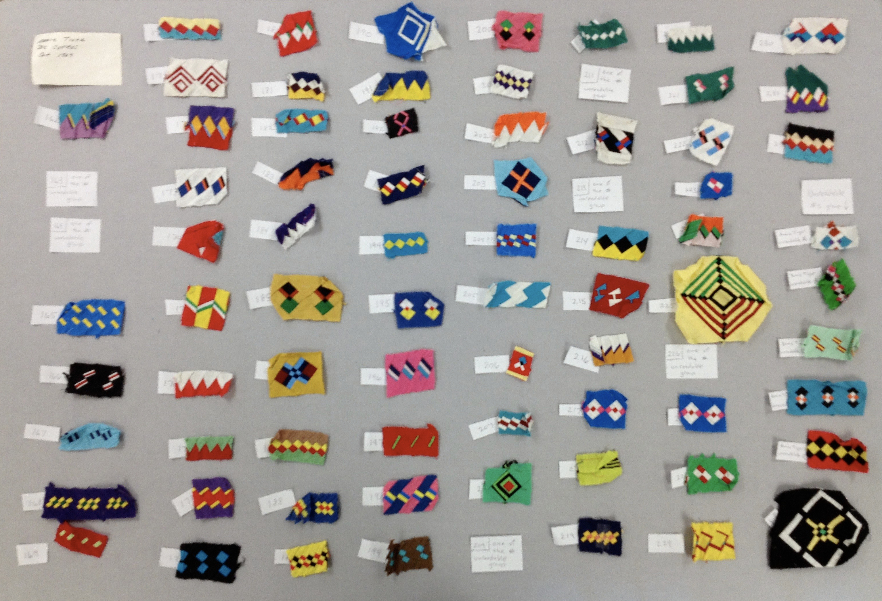 A array of small pieces of Florida Seminole patchwork in many colors and designs.