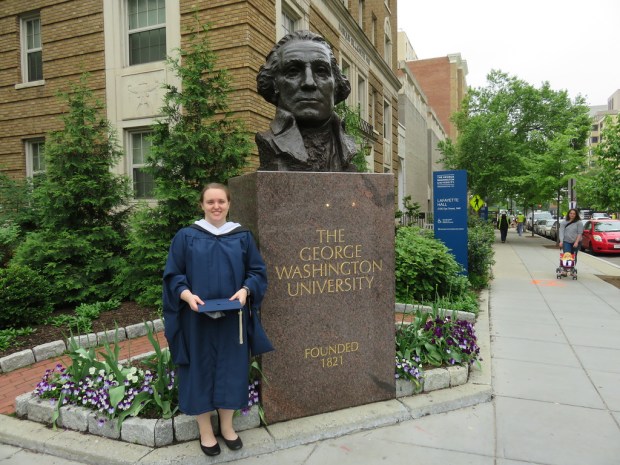 A photograph of Jessica Richardson Smith graduating with an MA in anthropology from The George Washington University.