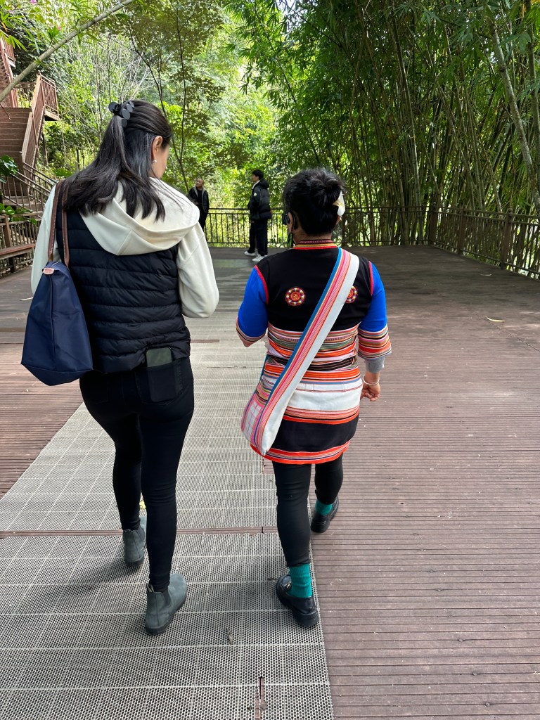 At right, a woman walks away from the camera. Seen from the back, she wears the clothing of the Jinuo people, including a white, pink, and orange shoulder bag, which rests on her left hip. At left, also seen from behind, is another women in commercial clothing. The two women are in conversation while walking towards a bamboo grove on a deck.