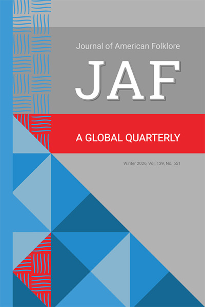 The cover of Journal of American Folklore 139 (551) which features basic identification text on top of a geometric design.